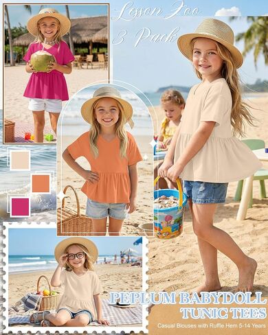 3 Pack Girl's Short Sleeve Shirts V Neck Peplum Babydoll Tunic Tees Casual Blouses with Ruffle Hem 5-14 Years in Saudi Arabia