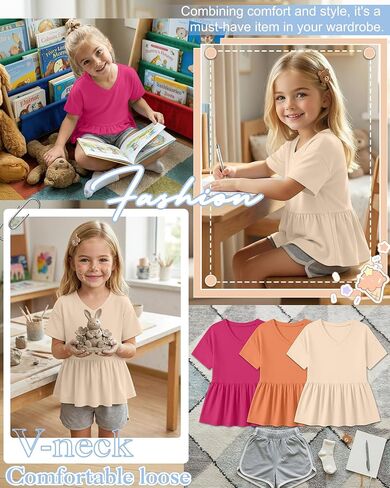 3 Pack Girl's Short Sleeve Shirts V Neck Peplum Babydoll Tunic Tees Casual Blouses with Ruffle Hem 5-14 Years in Saudi Arabia