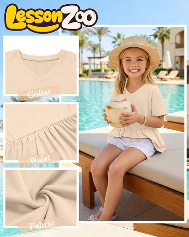 3 Pack Girl's Short Sleeve Shirts V Neck Peplum Babydoll Tunic Tees Casual Blouses with Ruffle Hem 5-14 Years in Saudi Arabia