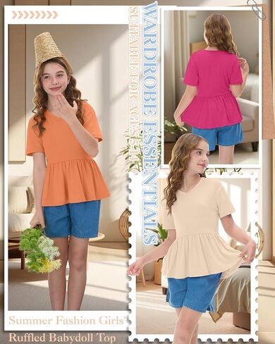 3 Pack Girl's Short Sleeve Shirts V Neck Peplum Babydoll Tunic Tees Casual Blouses with Ruffle Hem 5-14 Years in Saudi Arabia
