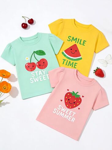 Girls 3 Pack Short Sleeve T-Shirts, Cherry Strawberry Watermelon Puff Sleeve Casual Crew Neck Graphic Tees for Kids 2-7Y in Kuwait