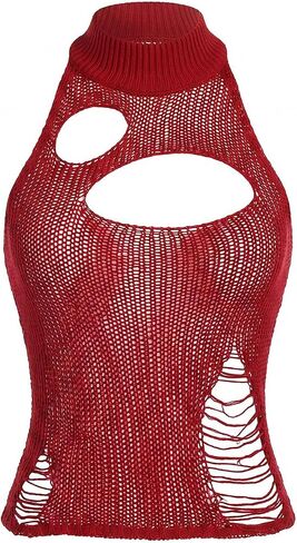 SHENHE Women's Y2k Goth Punk Ripped Halter Tank Top Crochet Backless Sheer Sexy Knit Crop Top in Saudi Arabia