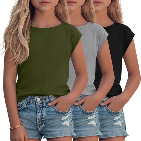 Oakgarden 3 Pack Girls' Cap Sleeve Shirts Kids Summer Boat Neck Loose Fit Tops Casual Basic Solid Cute Tees 5-14 Years in Kuwait
