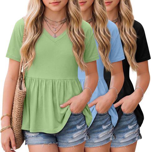 3 Pack Girl's Short Sleeve Shirts V Neck Peplum Babydoll Tunic Tees Casual Blouses with Ruffle Hem 5-14 Years in Kuwait
