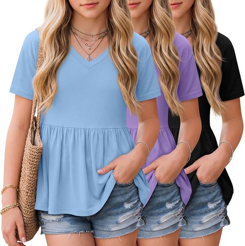 3 Pack Girl's Short Sleeve Shirts V Neck Peplum Babydoll Tunic Tees Casual Blouses with Ruffle Hem 5-14 Years in Saudi Arabia