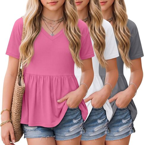 3 Pack Girl's Short Sleeve Shirts V Neck Peplum Babydoll Tunic Tees Casual Blouses with Ruffle Hem 5-14 Years in Saudi Arabia