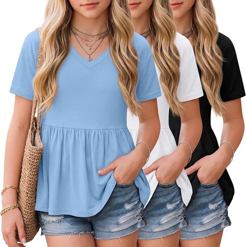 3 Pack Girl's Short Sleeve Shirts V Neck Peplum Babydoll Tunic Tees Casual Blouses with Ruffle Hem 5-14 Years in Saudi Arabia