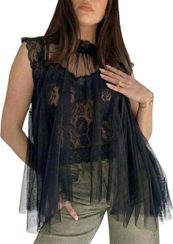 Women's Sheer Organza Blouse Lace Cropped Tank Top 2 Piece Layered Sleeveless Flowy Tunic Shirt High Neck Tops in Saudi Arabia