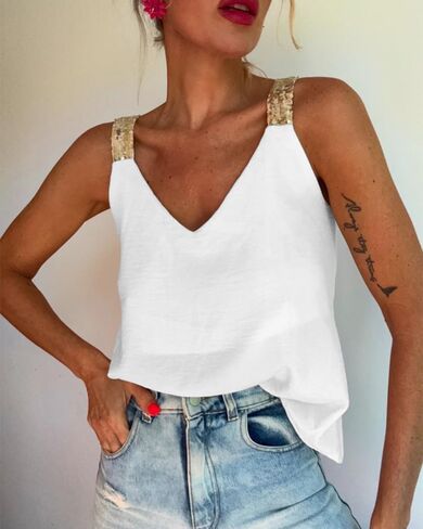 CHICME Tank Tops for Women Ice-Crinkle Chiffon Camisole V Neck Sleeveless Cami Gold Sequin Strap Summer Going Out Tops in Kuwait