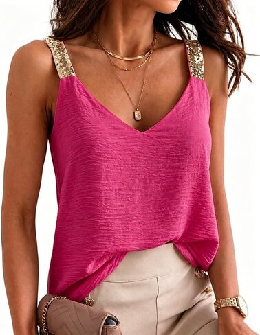 CHICME Tank Tops for Women Ice-Crinkle Chiffon Camisole V Neck Sleeveless Cami Gold Sequin Strap Summer Going Out Tops in Kuwait