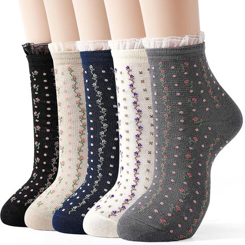 Jeasona 5 Pairs Floral Ruffle Socks for Women, Cute Cotton Flower Crew Socks, Cottagecore Frilly Ankle Socks in Saudi Arabia