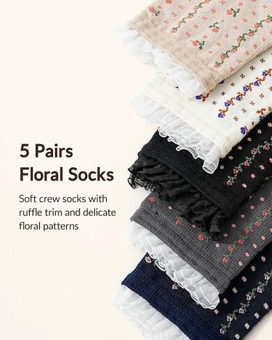 Jeasona 5 Pairs Floral Ruffle Socks for Women, Cute Cotton Flower Crew Socks, Cottagecore Frilly Ankle Socks in Saudi Arabia