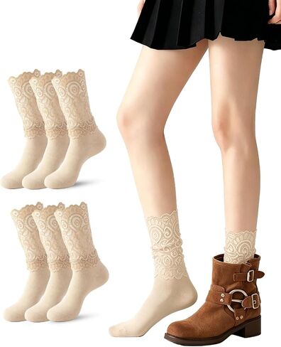 Vihir 6 Pairs Women's Casual Lace Crew Socks for Mary Janes And Loafers With Floral Eyelet Ruffle in Saudi Arabia