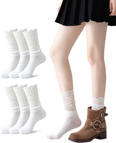 Vihir 6 Pairs Women's Casual Lace Crew Socks for Mary Janes And Loafers With Floral Eyelet Ruffle in Saudi Arabia