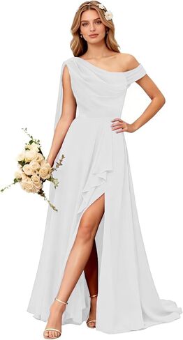 One Shoulder Chiffon Bridesmaid Dresses with Slit Elegant Ruffle Formal Evening Dresses with Scarf with Scarf TQ035 in Saudi Arabia