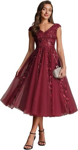 Ever-Pretty Women's V-Neck Midi Cocktail Dresses Cap Sleeves Sequin A-Line Formal Wedding Guest Dress 02780 in Kuwait