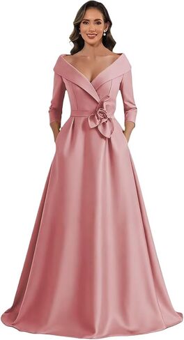 A Line Satin Mother of The Bride Dresses for Women Long Sleeve Flower Puffy Ball Gown Wedding Guest Dress with Pockets in Saudi Arabia