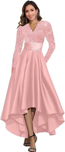 Sparkly Sequins Mother of The Bride Dresses Tea Length Hi-Low Satin Formal Evening Gowns with Sleeves in Saudi Arabia