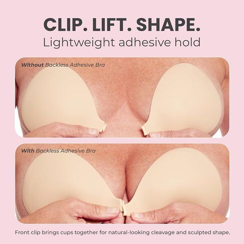 Hollywood Fashion Secrets Adhesive Strapless Bra – Reusable Sticky Bra for Backless & Strapless Dresses, Seamless Invisible Push Up Lift Support Beige in Saudi Arabia
