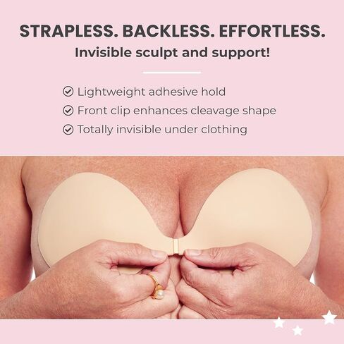 Hollywood Fashion Secrets Adhesive Strapless Bra – Reusable Sticky Bra for Backless & Strapless Dresses, Seamless Invisible Push Up Lift Support Beige in Saudi Arabia