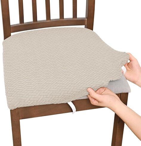 4 PCS Stretch Dining Chair Seat Covers, Grid Removable Washable Cushion Slipcovers, Elastic Upholstered Chair Protector for Kitchen (Beige) in Kuwait