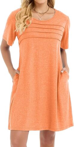 elescat Sundress for Women Casual Loose Summer Short Sleeve Pleated Front Crew Neck T Shirt Dress with Pockets 2026 in Saudi Arabia