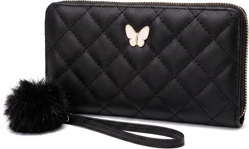Womens Wristlet Wallets, Quilted Faux Leather Zip Around Wallet with Butterfly Charm & Pom Pom, Large Capacity Clutch Wristlet for Cards/Cash/Phone(Black) in Saudi Arabia
