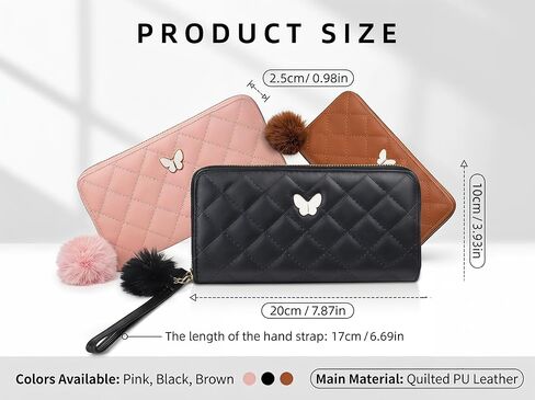 Womens Wristlet Wallets, Quilted Faux Leather Zip Around Wallet with Butterfly Charm & Pom Pom, Large Capacity Clutch Wristlet for Cards/Cash/Phone(Black) in Kuwait