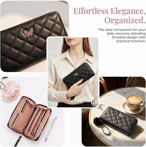 Womens Wristlet Wallets, Quilted Faux Leather Zip Around Wallet with Butterfly Charm & Pom Pom, Large Capacity Clutch Wristlet for Cards/Cash/Phone(Black) in Kuwait
