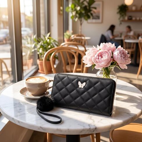 Womens Wristlet Wallets, Quilted Faux Leather Zip Around Wallet with Butterfly Charm & Pom Pom, Large Capacity Clutch Wristlet for Cards/Cash/Phone(Black) in Kuwait