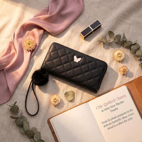 Womens Wristlet Wallets, Quilted Faux Leather Zip Around Wallet with Butterfly Charm & Pom Pom, Large Capacity Clutch Wristlet for Cards/Cash/Phone(Black) in Kuwait