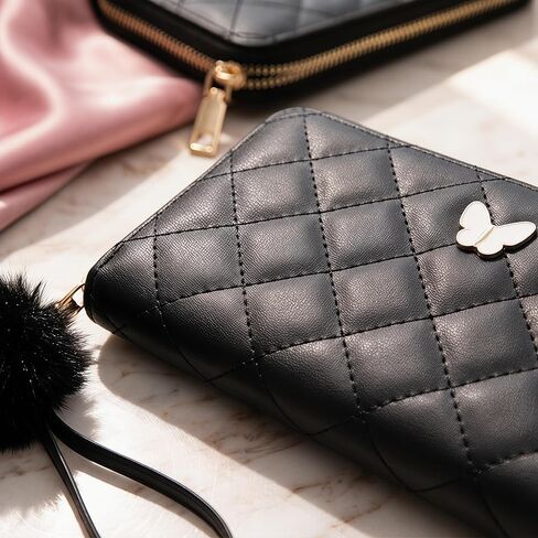 Womens Wristlet Wallets, Quilted Faux Leather Zip Around Wallet with Butterfly Charm & Pom Pom, Large Capacity Clutch Wristlet for Cards/Cash/Phone(Black) in Kuwait