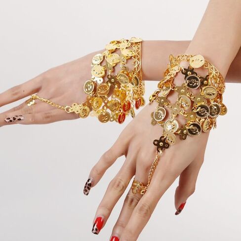 2PCS Gold Triangle Coin Bracelet for Belly Dance Jewelry Wrist Bangle Indian Dance Performance Accessory Costume Jewelry for Women in Kuwait