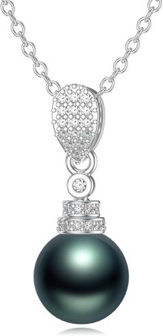 925 Sterling Silver Single Black Pearl Necklace for Women, 7-9mm Round Cultured Pearl Pendant with 18+2 inches Chain, Danity Jewelry Gift for Christmas Mother's Day Valentine's Day Birthday Anniversary in Kuwait