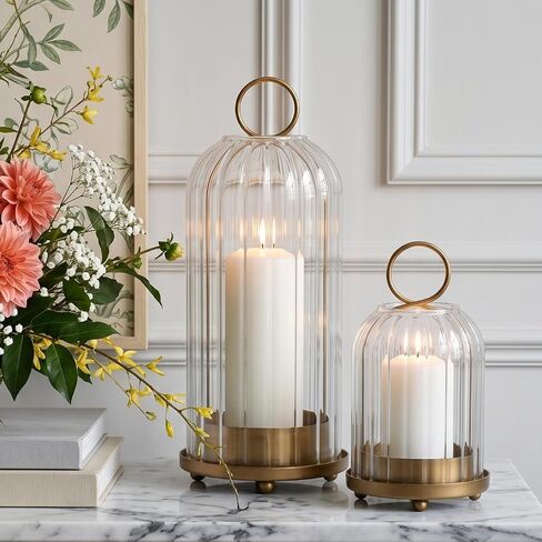 5" & 4" Metal Candle Holder with Ribbed Glass Candle Lanterns Set of 2, Vintage Windproof Hurricane Candle Holders for Pillar Candle, Decorative Table Centerpiece Patio Decor (Black) in Saudi Arabia