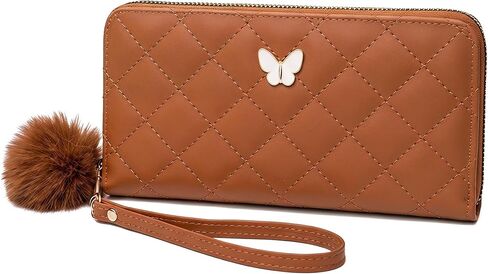 Womens Wristlet Wallets, Quilted Faux Leather Zip Around Wallet with Butterfly Charm & Pom Pom, Large Capacity Clutch Wristlet for Cards/Cash/Phone(Black) in Kuwait