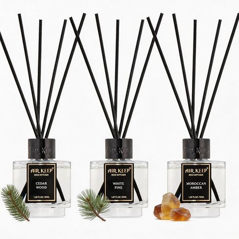 Airkeep Reed Diffuser Set of 3 for Bathroom Air Fresheners, Oil Diffuser Sticks | Cedar Wood,White Pine Moroccan Amber Scent Diffuser(1.7 fl oz*3) Fragrance with 18 Sticks Defusers | Shelf Decor in Saudi Arabia
