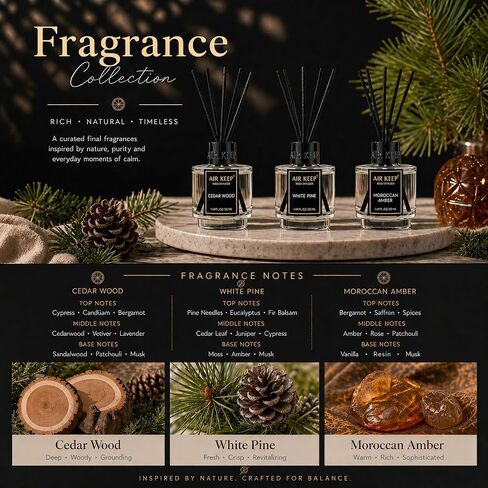 Airkeep Reed Diffuser Set of 3 for Bathroom Air Fresheners, Oil Diffuser Sticks | Cedar Wood,White Pine Moroccan Amber Scent Diffuser(1.7 fl oz*3) Fragrance with 18 Sticks Defusers | Shelf Decor in Saudi Arabia