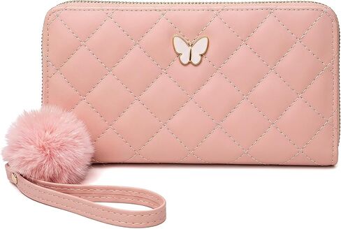 Womens Wristlet Wallets, Quilted Faux Leather Zip Around Wallet with Butterfly Charm & Pom Pom, Large Capacity Clutch Wristlet for Cards/Cash/Phone(Black) in Kuwait