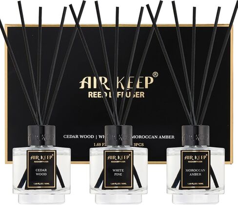 Airkeep Reed Diffuser Set of 3 for Bathroom Air Fresheners, Oil Diffuser Sticks | Cedar Wood,White Pine Moroccan Amber Scent Diffuser(1.7 fl oz*3) Fragrance with 18 Sticks Defusers | Shelf Decor in Saudi Arabia