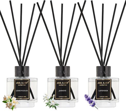 Airkeep Reed Diffuser Set of 3 for Bathroom Air Fresheners, Oil Diffuser Sticks | Cedar Wood,White Pine Moroccan Amber Scent Diffuser(1.7 fl oz*3) Fragrance with 18 Sticks Defusers | Shelf Decor in Saudi Arabia