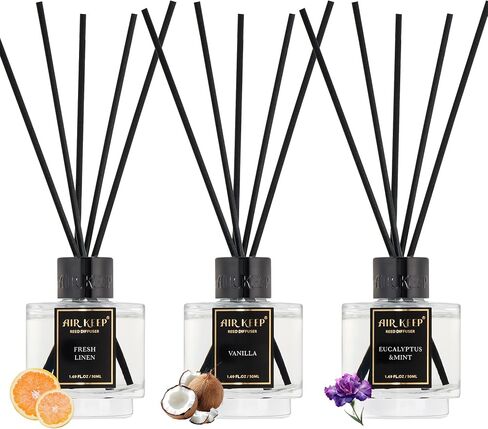 Airkeep Reed Diffuser Set of 3 for Bathroom Air Fresheners, Oil Diffuser Sticks | Cedar Wood,White Pine Moroccan Amber Scent Diffuser(1.7 fl oz*3) Fragrance with 18 Sticks Defusers | Shelf Decor in Saudi Arabia