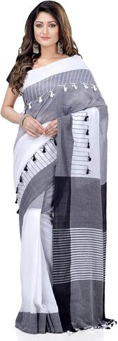dB DESH BIDESH Women's Traditional Bengali Handloom Tant Pure Cotton Saree Pompom Desigined With Blouse Piece Free Size Light Black Grey White in Saudi Arabia