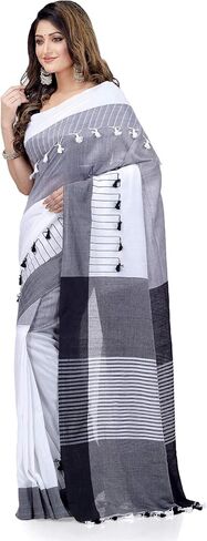 dB DESH BIDESH Women's Traditional Bengali Handloom Tant Pure Cotton Saree Pompom Desigined With Blouse Piece Free Size Light Black Grey White in Saudi Arabia