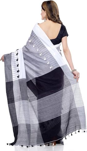 dB DESH BIDESH Women's Traditional Bengali Handloom Tant Pure Cotton Saree Pompom Desigined With Blouse Piece Free Size Light Black Grey White in Saudi Arabia