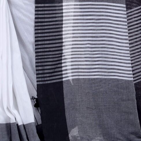 dB DESH BIDESH Women's Traditional Bengali Handloom Tant Pure Cotton Saree Pompom Desigined With Blouse Piece Free Size Light Black Grey White in Saudi Arabia