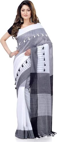 dB DESH BIDESH Women's Traditional Bengali Handloom Tant Pure Cotton Saree Pompom Desigined With Blouse Piece Free Size Light Black Grey White in Saudi Arabia