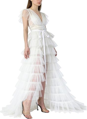 PURFUN Sexy Sheer Tulle Long Bustle Skirt Women Punk Tie On Tutu Overskirt Halloween Cocktail Party Wedding Mesh Train Skirt in Saudi Arabia