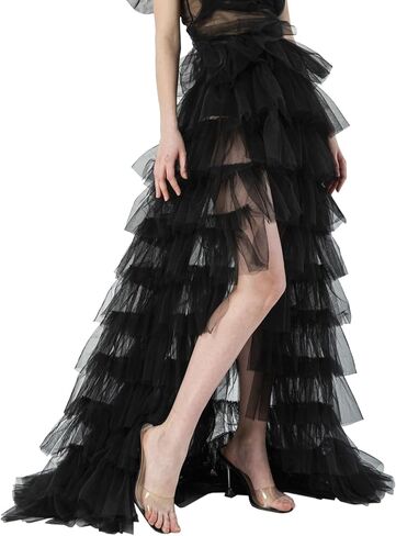 PURFUN Sexy Sheer Tulle Long Bustle Skirt Women Punk Tie On Tutu Overskirt Halloween Cocktail Party Wedding Mesh Train Skirt in Saudi Arabia