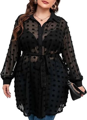 Plus Size Sheer Polka Dot Tops for Women, Tie Waist Mesh Long Sleeve Beach Cover Up Cardigan in Kuwait